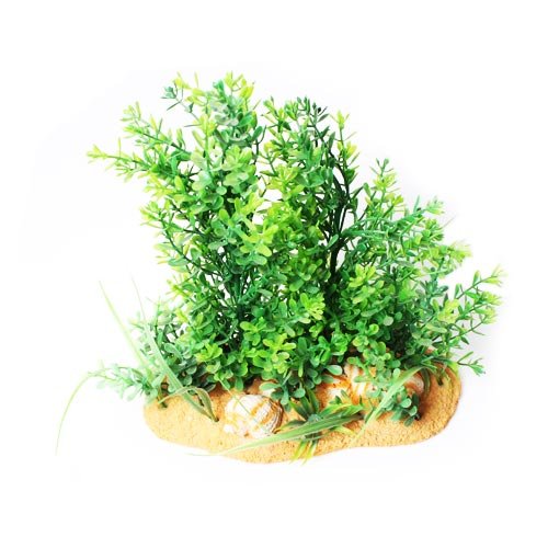 Aquarium Decor - Artificial Green Plant & Base 11"